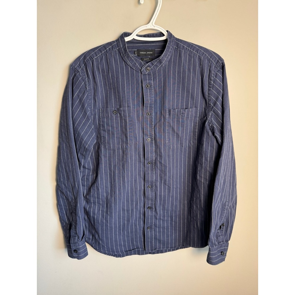 Casual Friday Mens Navy Purple Pinstripe Slim Fit Shirt L Grandad Collar Woven